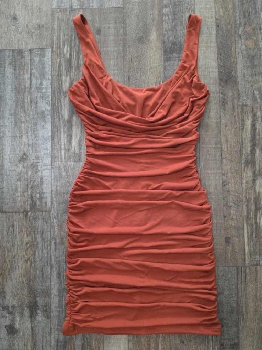 Ruched XS Selfie Leslie New rust burnt orange brown mini party dress going out
